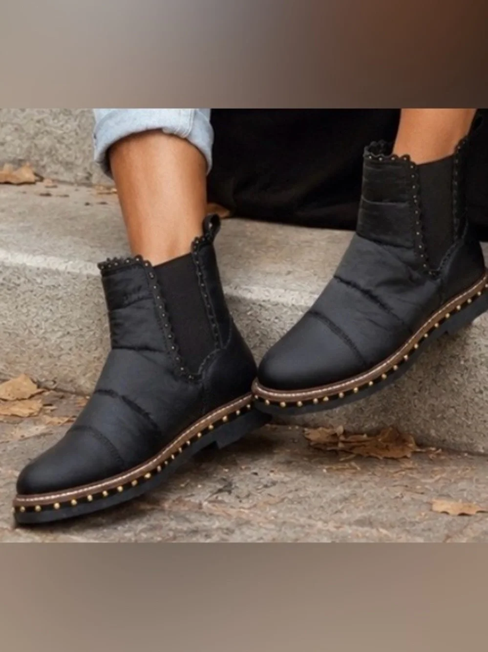 Free People Black Quilted Chelsea Ankle Boots Studded Trim EU 39 US 8.5 ‎ / 9